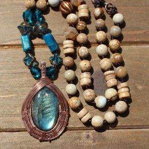 Big Flash Labradorite Wire Wrapped Pendant Beaded Necklace